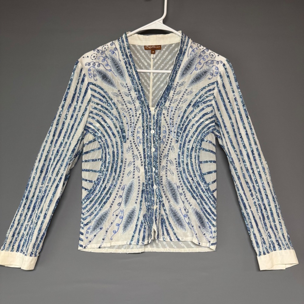 Obstinee by Ika Silk Cotton Blue White Striped Embroidered Button Blouse Size 10